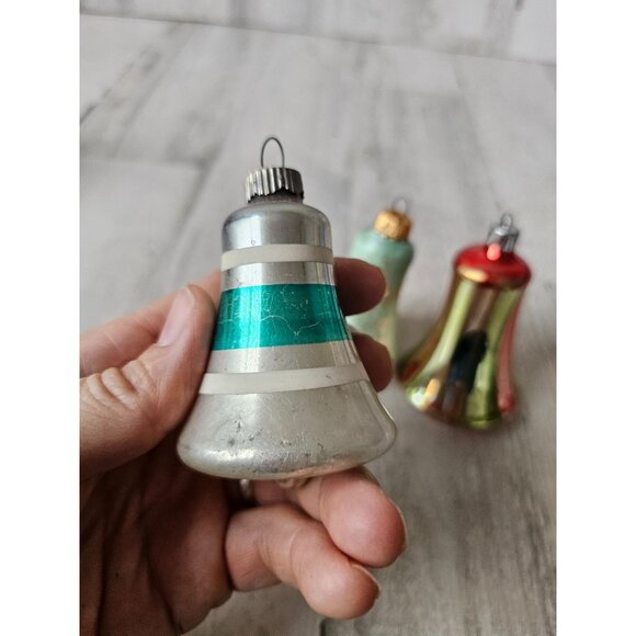 Vintage glass bell striped red green ornament Xmas set - Picture 4 of 14